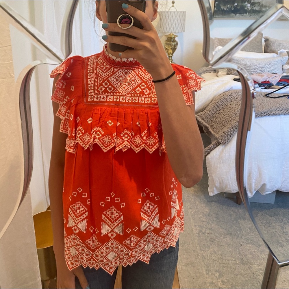 Anthropologie Orange Ruffle Shirt